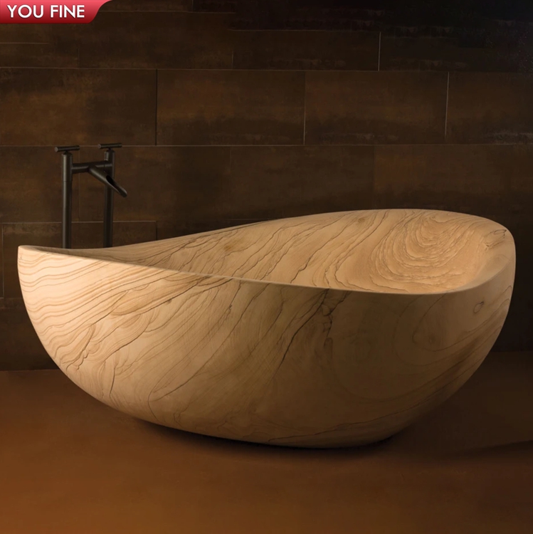 Simple Design Freestanding Customized Solid Surface Wood Grain Stone Bathtub